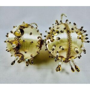 2 Handmade Ornate Gold Beaded Christmas Ornaments Cream Silk Vintage 70s